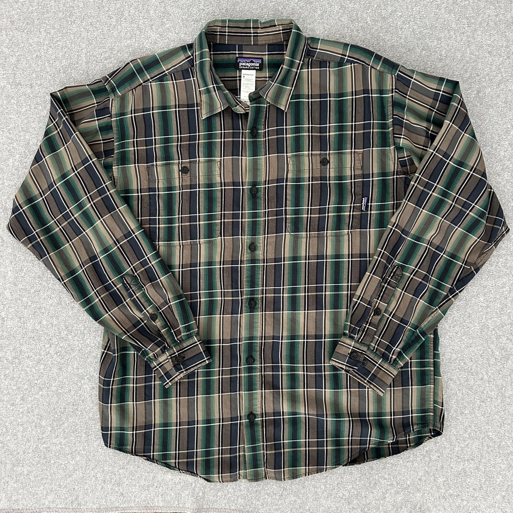 Patagonia Shirt Mens Large Green Brown Plaid Organic Pima Cotton Button Up 2012‎